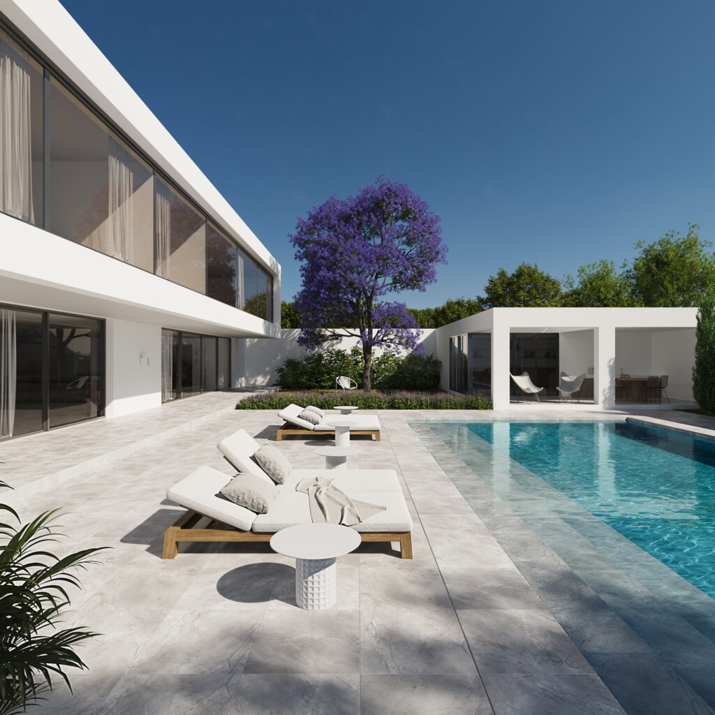 Render de Casa Minimalista color blanco en Guayaquil Ecuador, vista de la fachada posterior y área de piscina