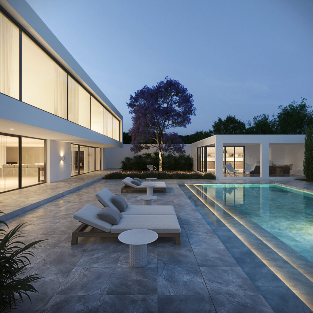 Render de Casa Minimalista, , vista de la fachada posterior y área de piscina durante la noche