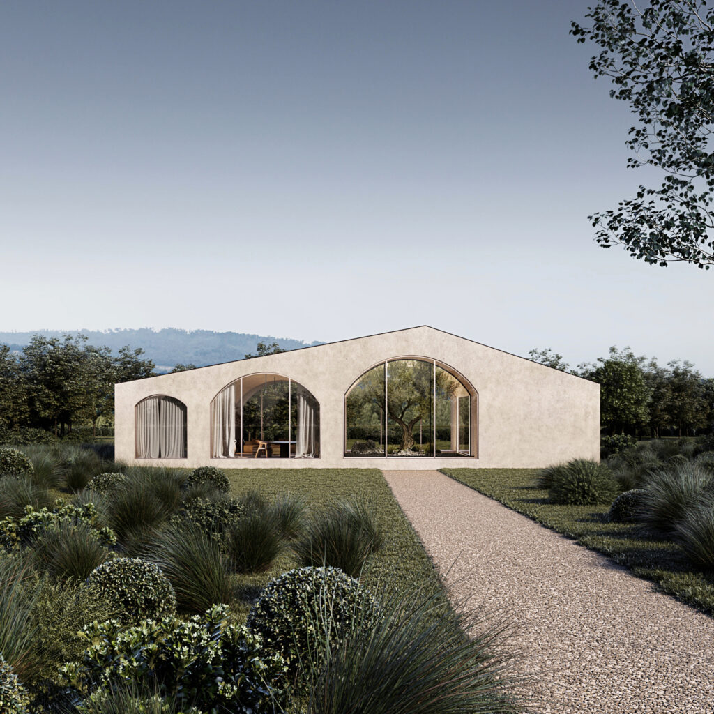 Modern house with arched openings and rural landscape, countryside villa design
