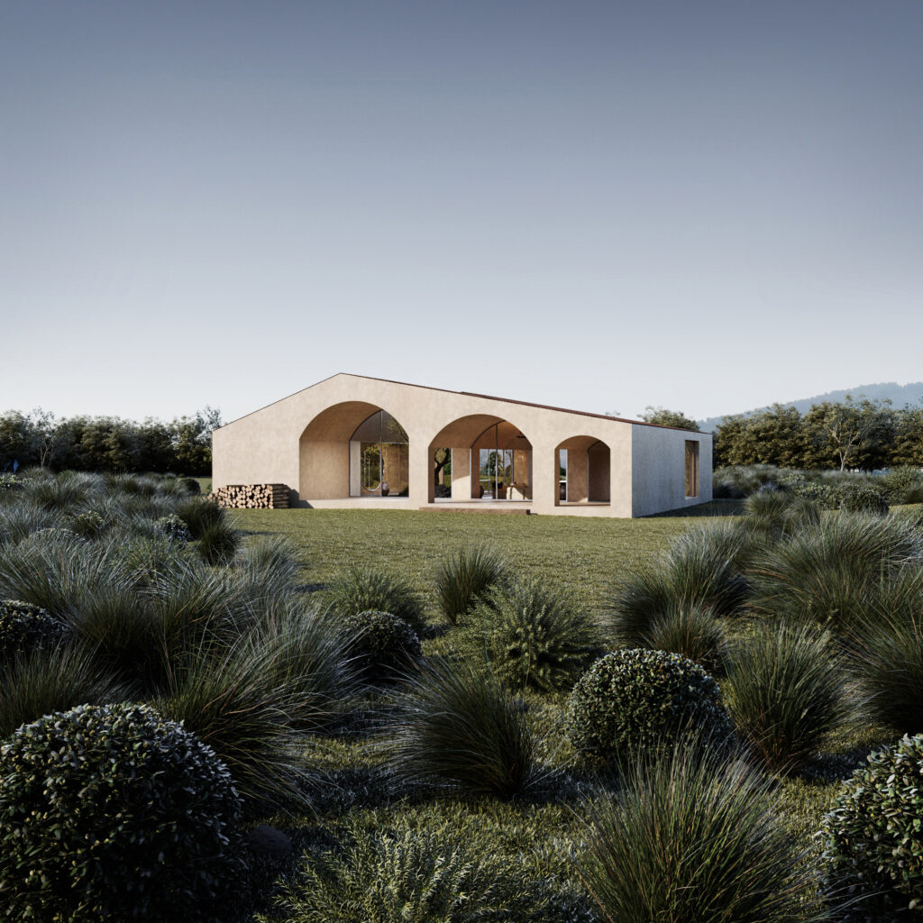 Minimalist house with arched glass doors, light-colored facade, and overgrown landscape, Quito, Ecuador