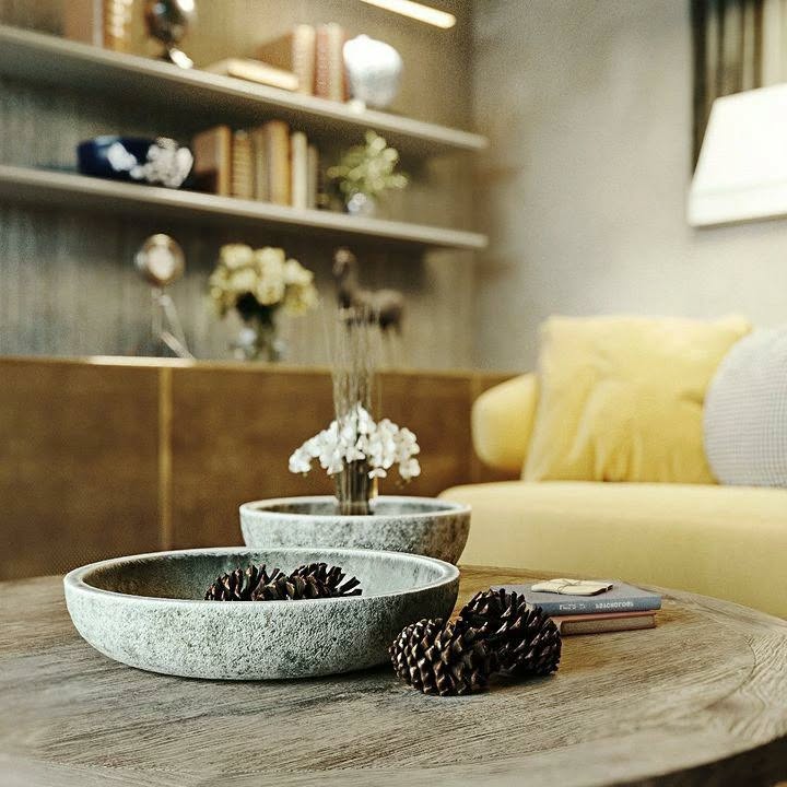 Interior detail with stone bowls, pine cones, Gypsophila flowers, and floating shelves, Miami, Florida