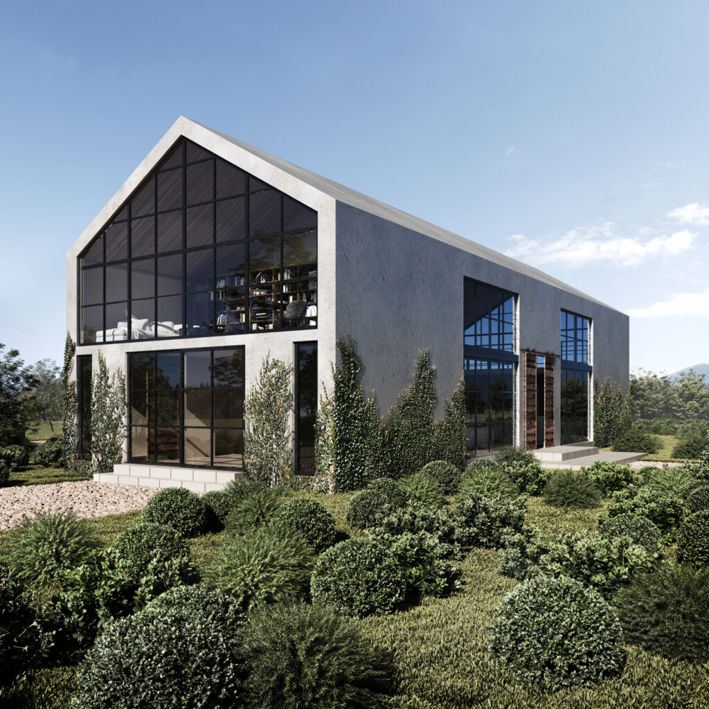 Modern building with large glass windows, gravel path, and surrounding landscaping