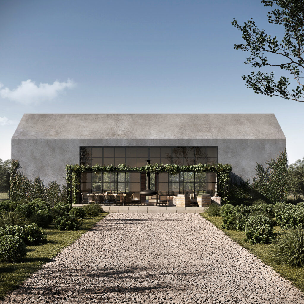 Minimalist building with concrete facade and gravel walkway, Quito, Ecuador.