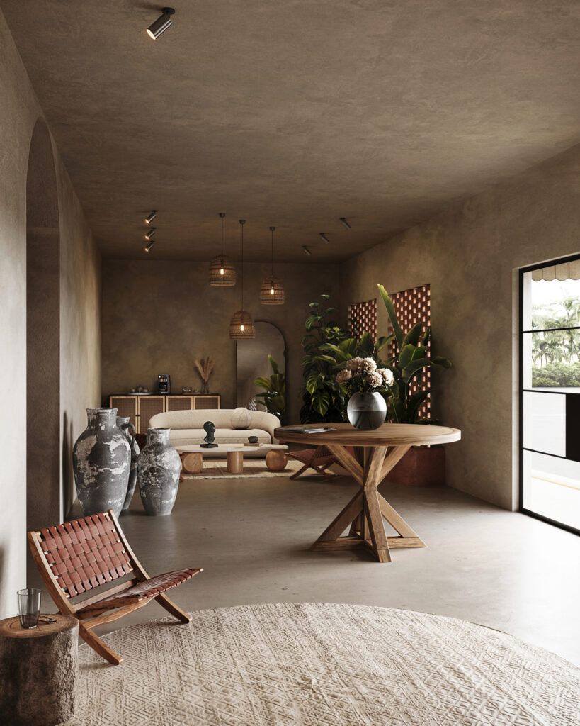 Contemporary interior with round dining table and decorative vases, Puerto Rico