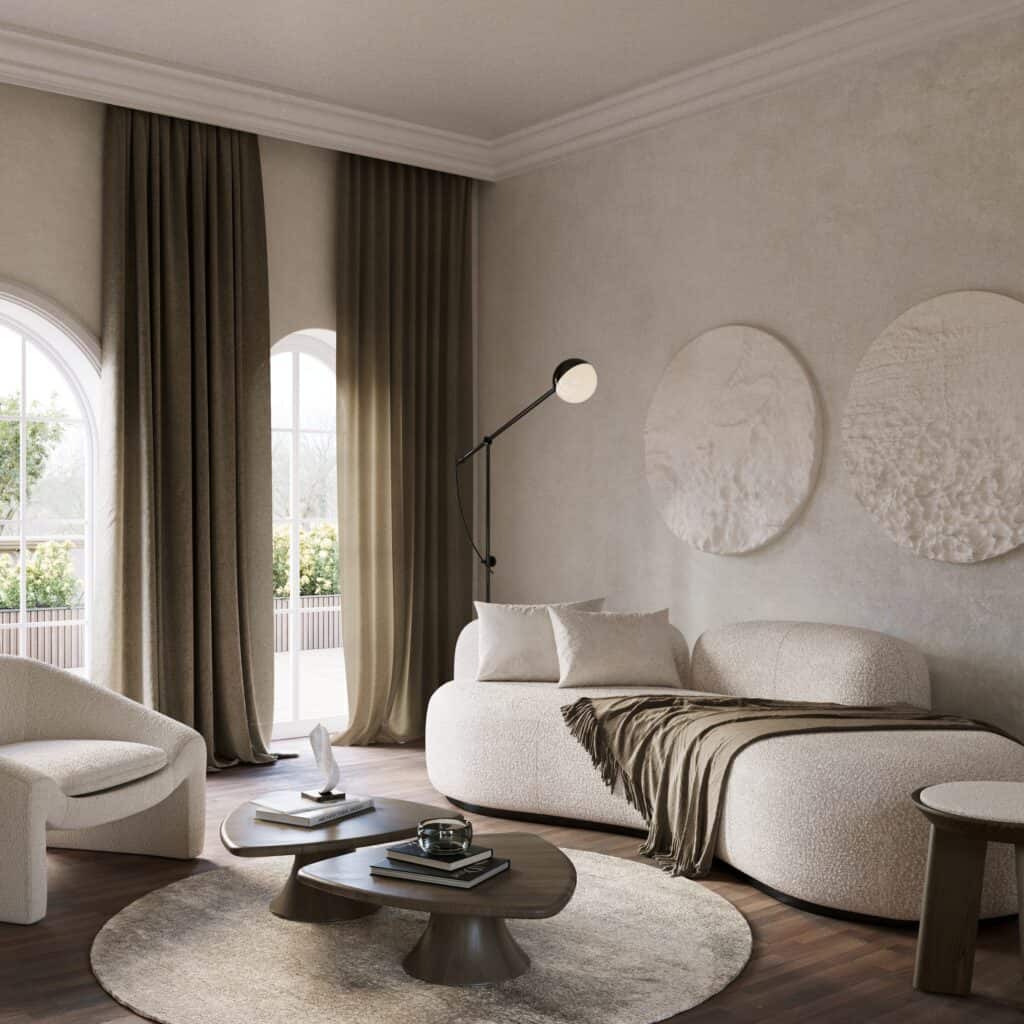 ontemporary living room featuring Westwing Alba white sofa, circular textured wall hangings, and neutral tones, Portugal