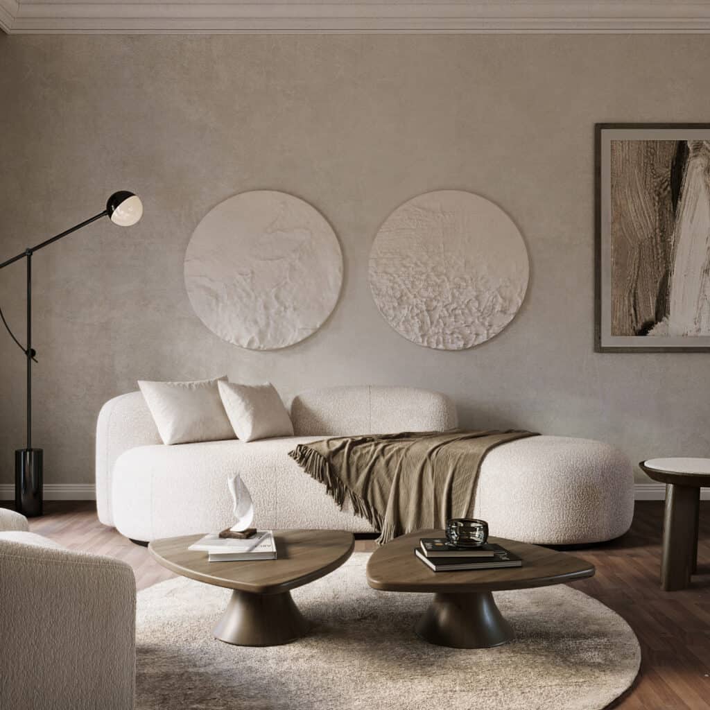 Living room with Westwing Alba XL Stool Sofa and circular wall art, Poland
