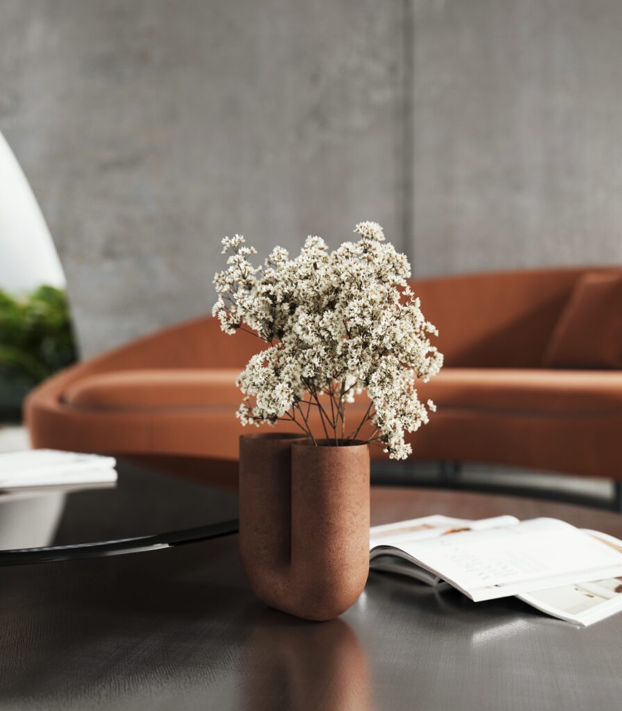 Gypsophila flowers in a terracotta vase on a coffee table