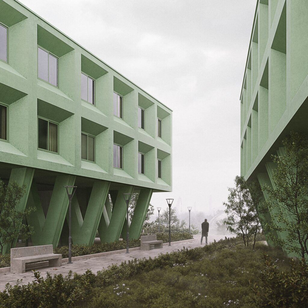 Architectural visualization of green buildings with concrete supports, Quito Ecuador
