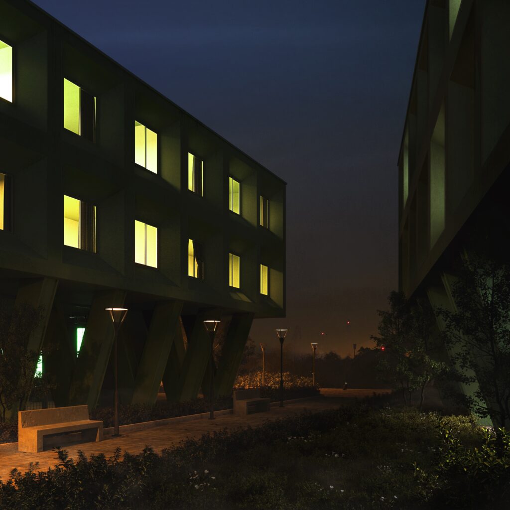 Architectural night view of contemporary buildings with unique support structures.