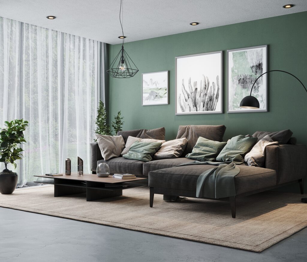 Render of a green living room in Quito Ecuador