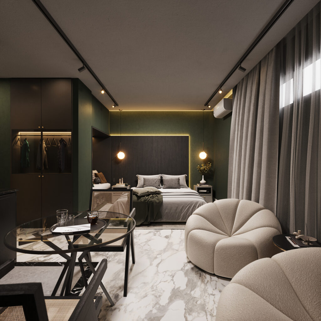 Bedroom and living space with Ikon Living armchair and glass dining table, Guayaquil, Ecuador