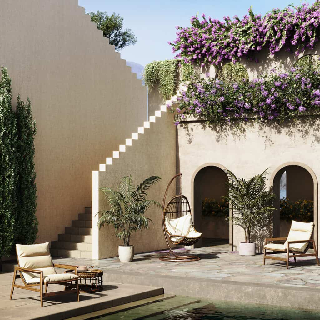 Architectural visualization of a resting area near the pool at a holiday villa