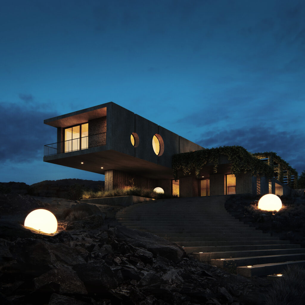 Render of Modern Brutalist House at night in Quito Ecuador