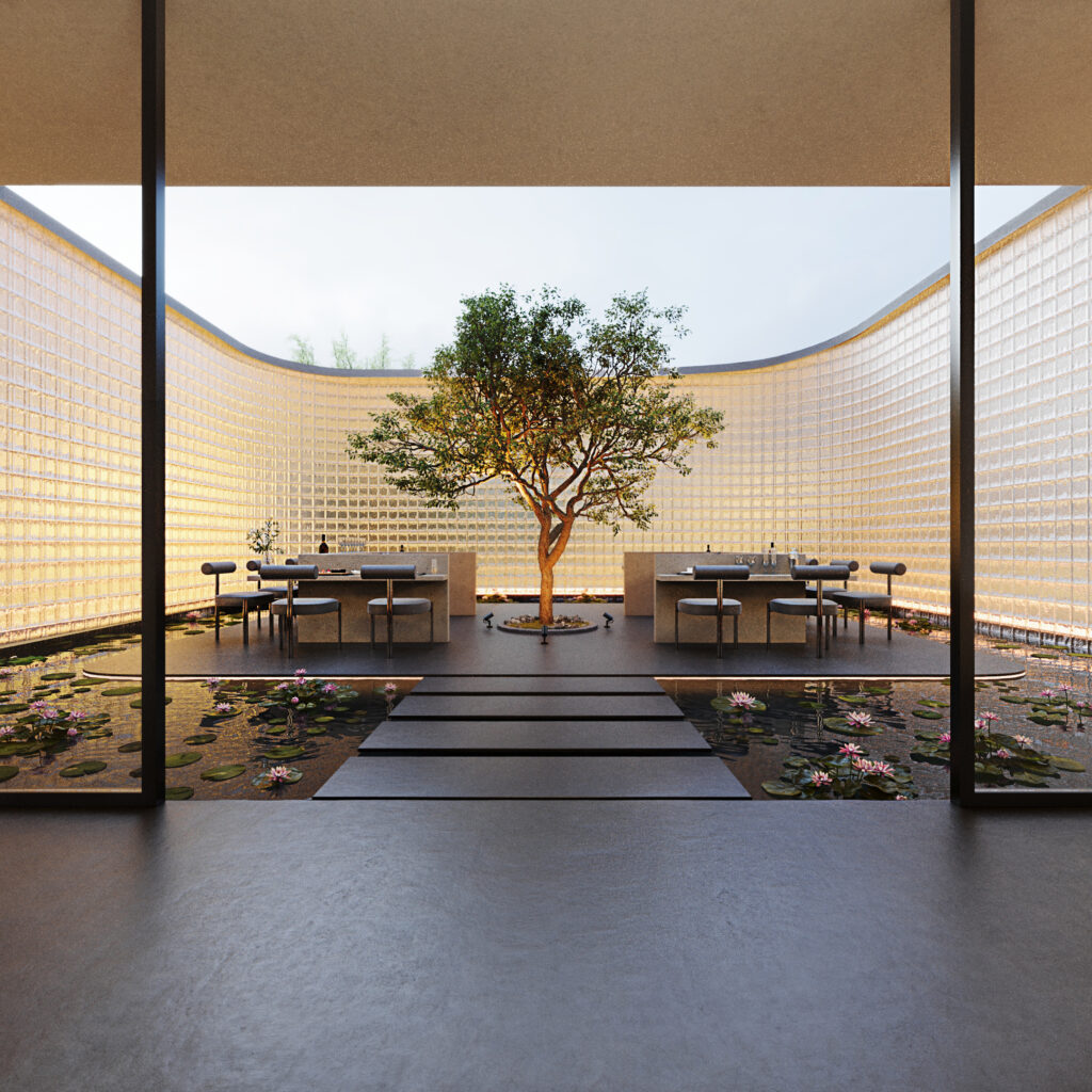 Architectural visualization of floating bar with tree on its center in Quito