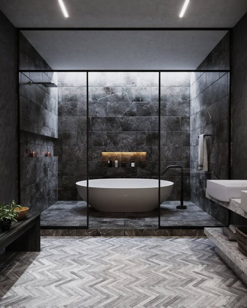 Luxury bathroom with ALFI AB9941 white oval bathtub, dark textured walls, and chevron pattern floor, Guayaquil, Ecuador