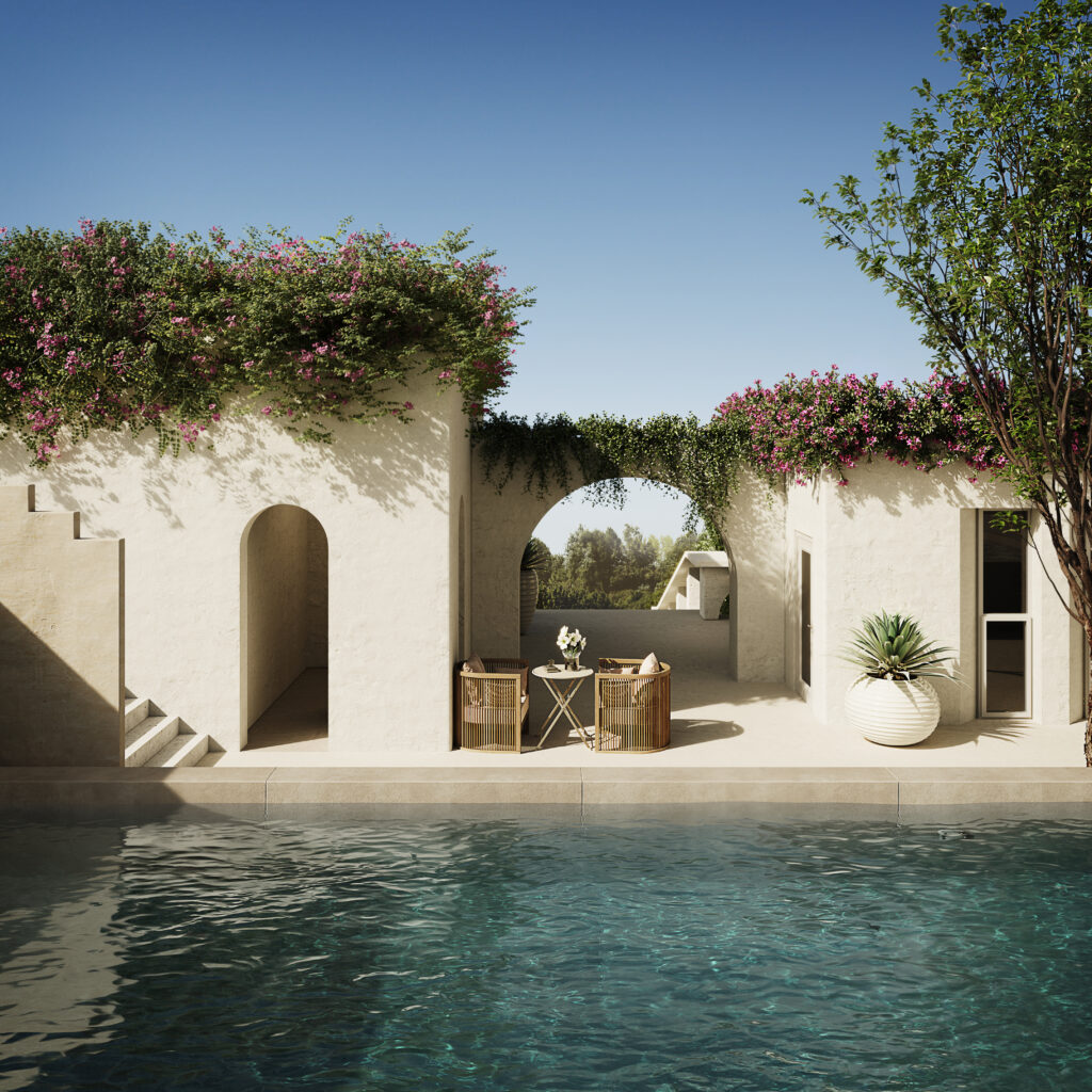 Render of Holiday Villa in greece with a pool and greenery