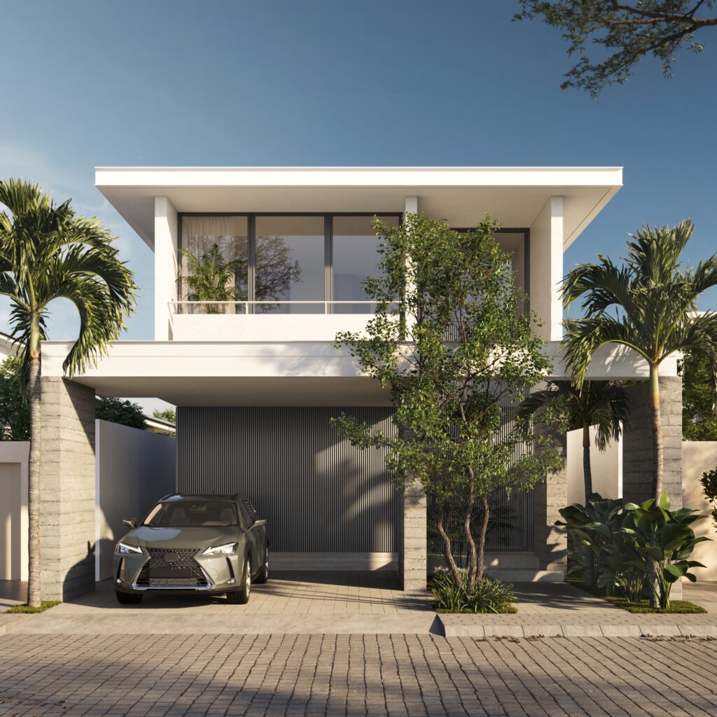 Contemporary 'Casa ST' design with flat roof, gray car, and palm trees, Guayaquil