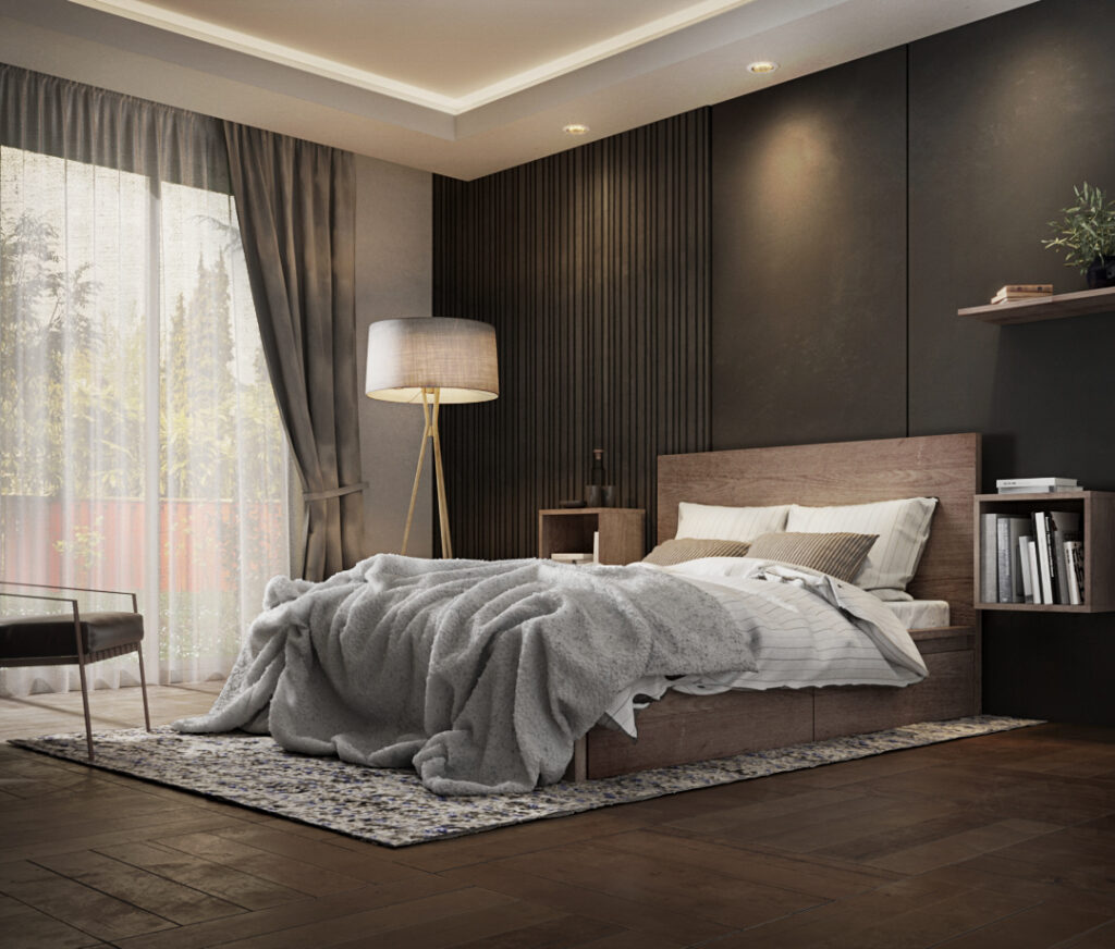 Architecture Visualization of modern bedroom with earth accent colors