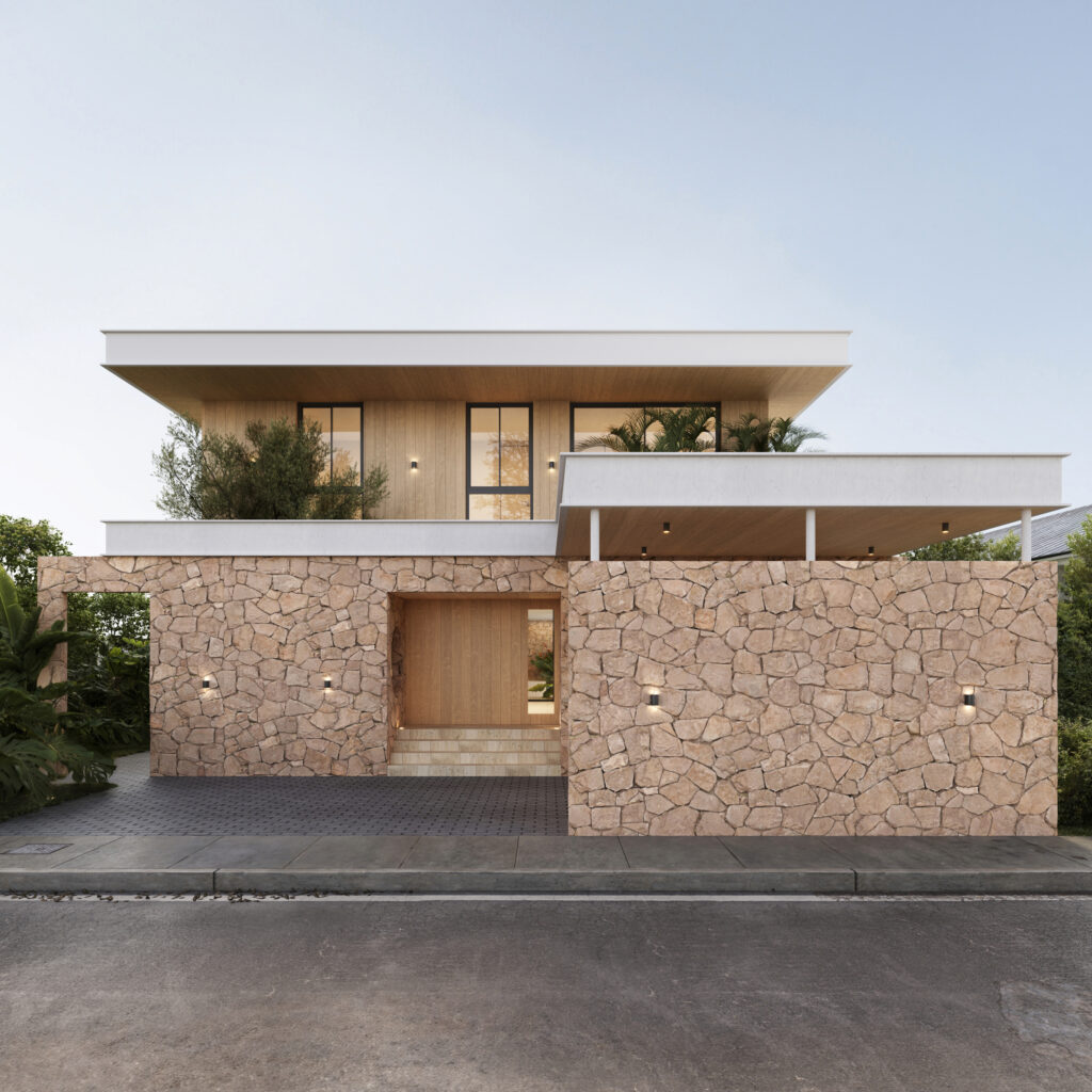 Contemporary home with stone cladding, wooden door, and layered roof design, Guayaquil