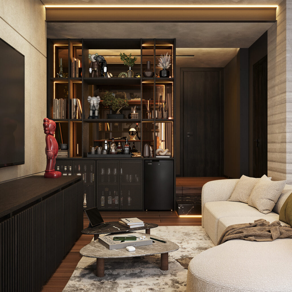 Modern living room with custom built-in shelves, designer figure, and small refrigerator
