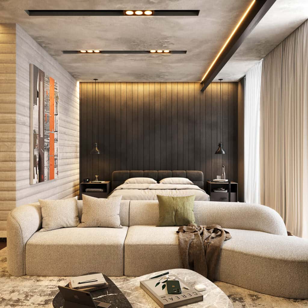 Architectural visualization of a combined bedroom and living space