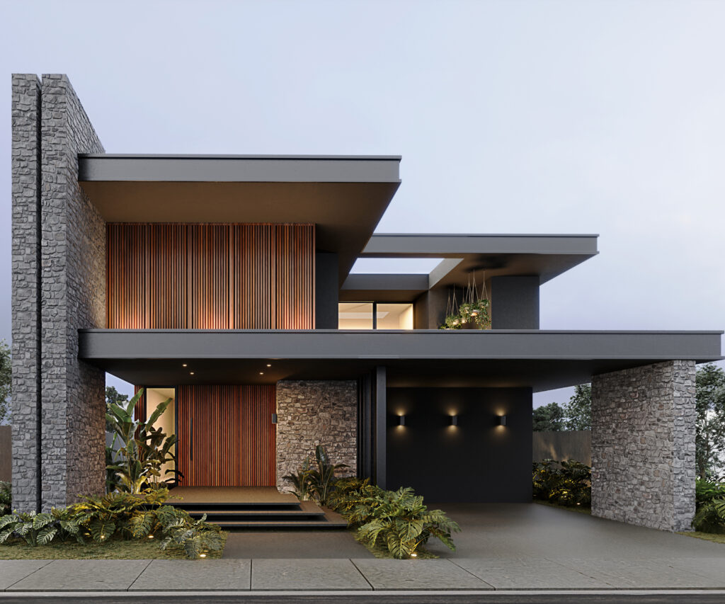 Contemporary home design with layered roof and stone accents, Miami, Florida.