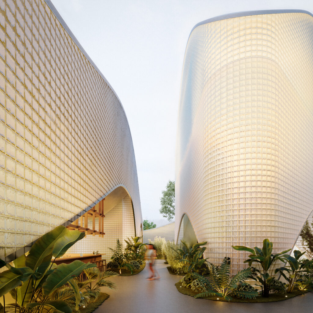 3d Render of restaurant hallway surrounded by greenery in Quito
