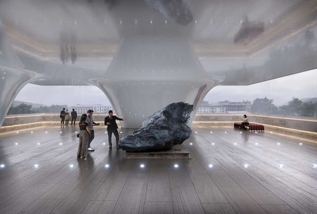 odern architectural design with people observing a rock sculpture in a spacious interior, Quito, Ecuador