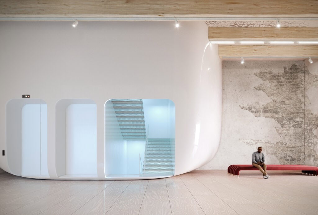 Architectural rendering of futuristic waiting room