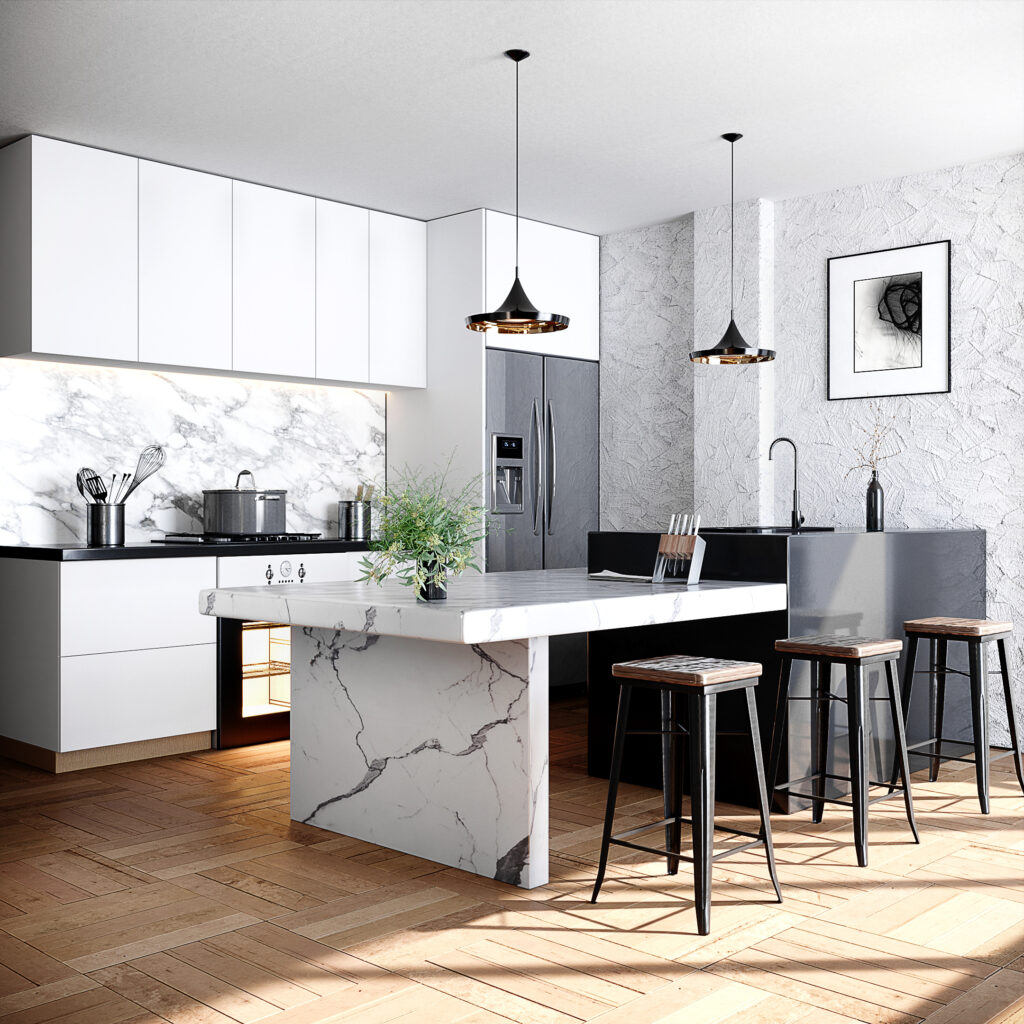Architecture rendering of a modern kitchen with luxury furniture