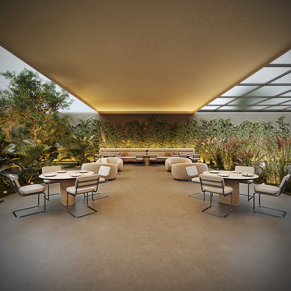 Modern restaurant surrounded by greenery, 3D architectural render in Quito