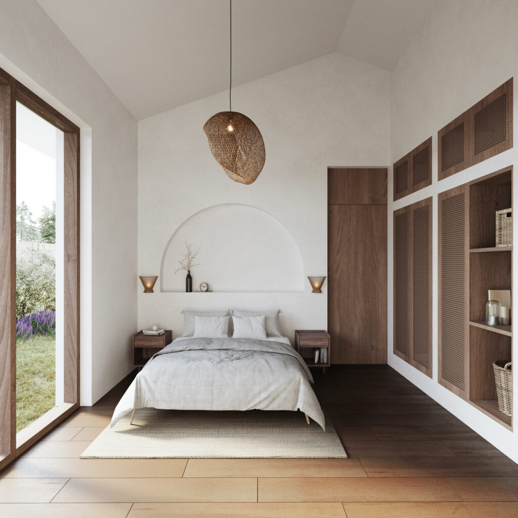 Modern bedroom with vaulted ceiling, woven pendant lamp, and wooden built-in storage, Portugal