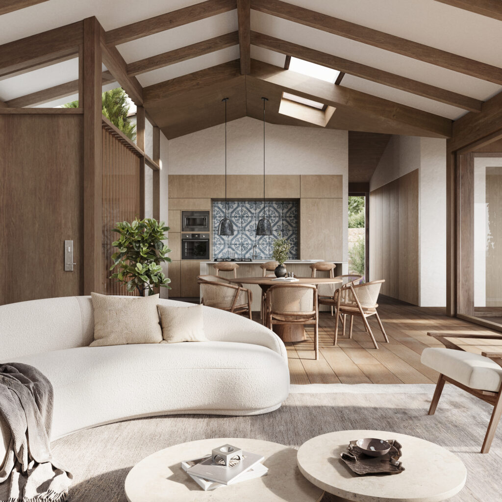 Modern interior with Homio Decor curved sofa, wooden beams, and kitchen view, Portugal