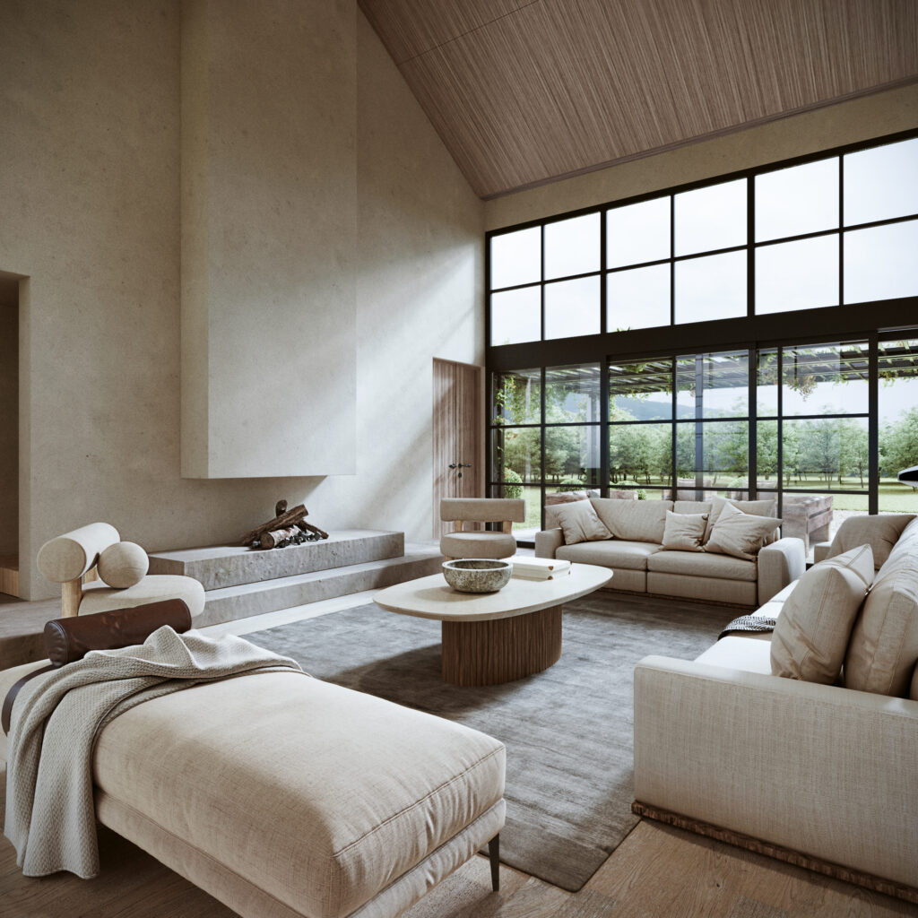 Modern living room with high vaulted ceiling, stone fireplace, and large windows, Quito, Ecuador