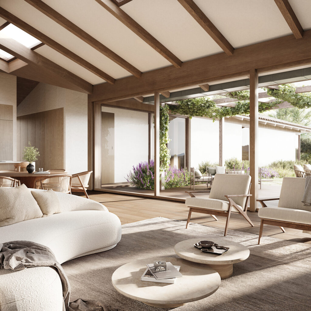 Living room design with Homio Decor curved sofa, wooden dining set, and patterned backsplash, Portugal