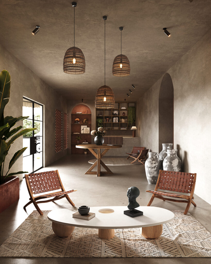 Interior design with round wood dining table and woven pendant lights, Puerto Rico