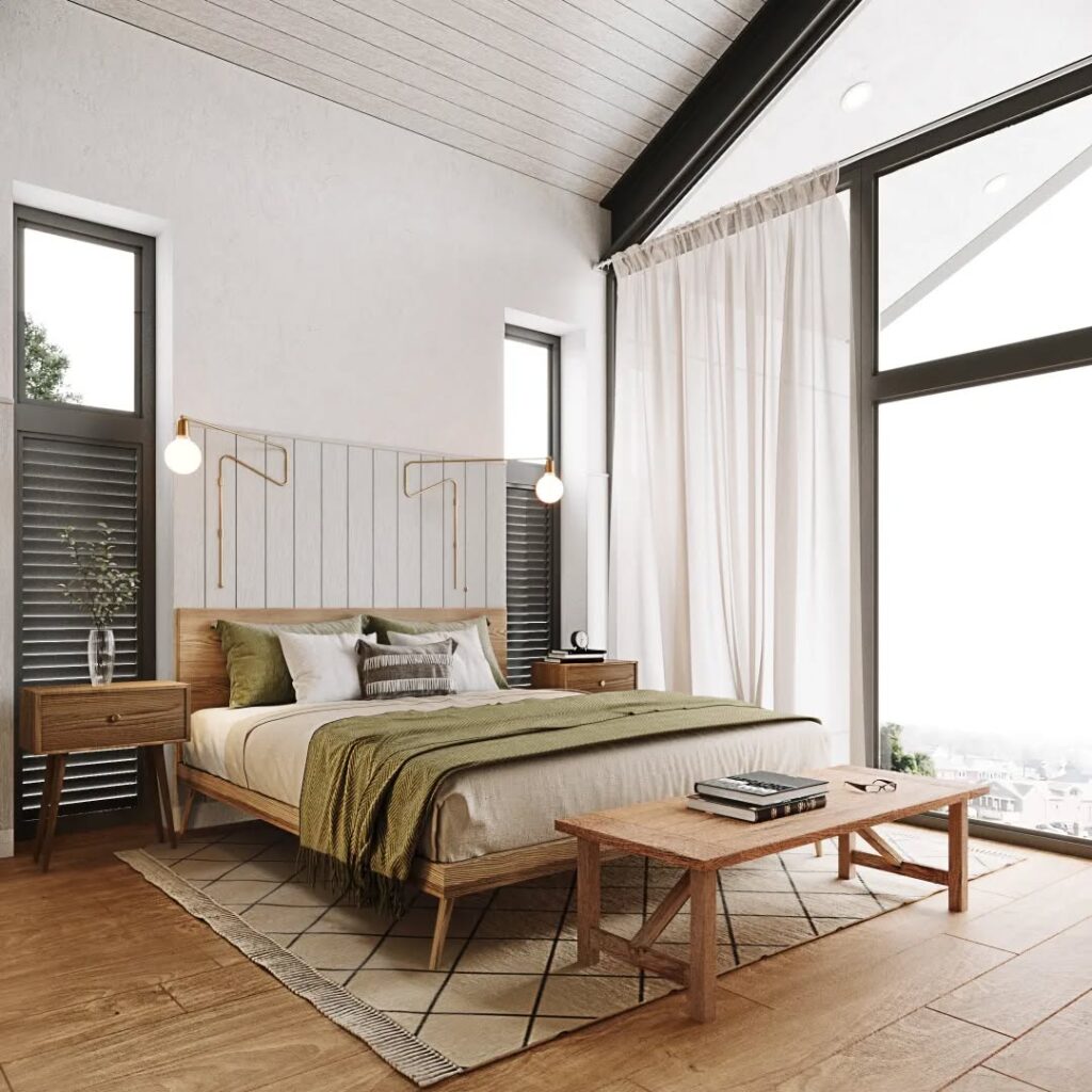 Bedroom interior with wooden futon bed and vaulted ceiling, Guayaquil, Ecuador