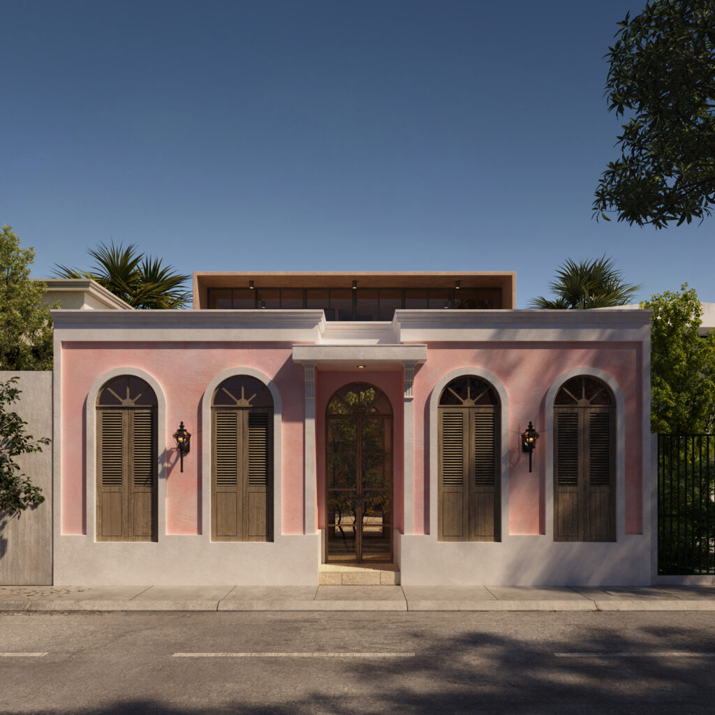 Render of tropcial pink house in Ecuador