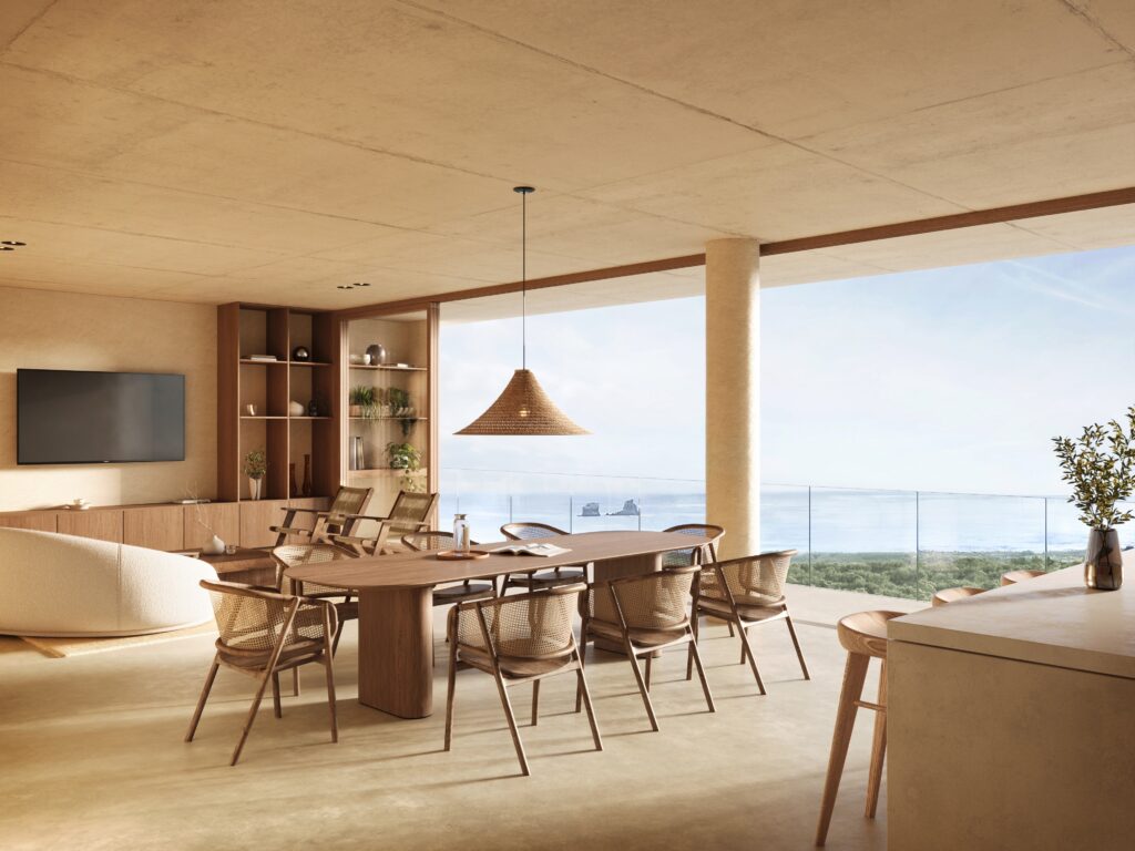 Coastal dining area with woven pendant light and ocean view, tropical interior design